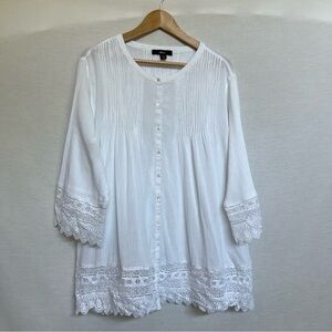 Ellos White Button-Down Blouse with Crochet Lace Details